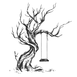 Verzweigter, alter Baum mit einer Holzschaukel, die an einem starken Ast hängt. Gras umgibt den Baumstamm.