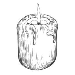 Gezeichnete Kerze mit geschmolzenem Wachs und einer kleinen Flamme oben.